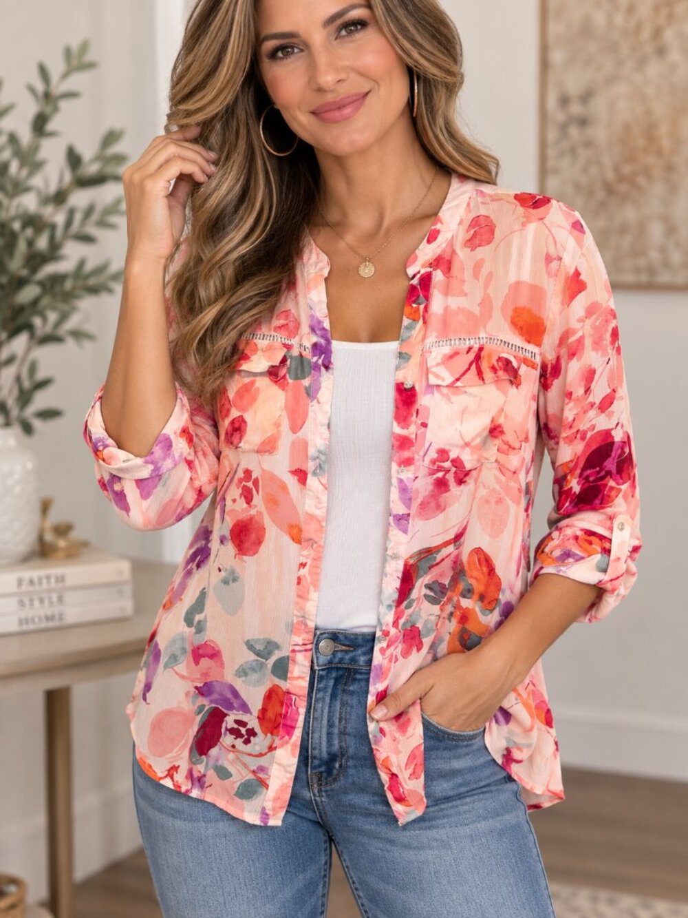 Women’s Large Pink Floral Watercolor Rayon Button Front Blouse